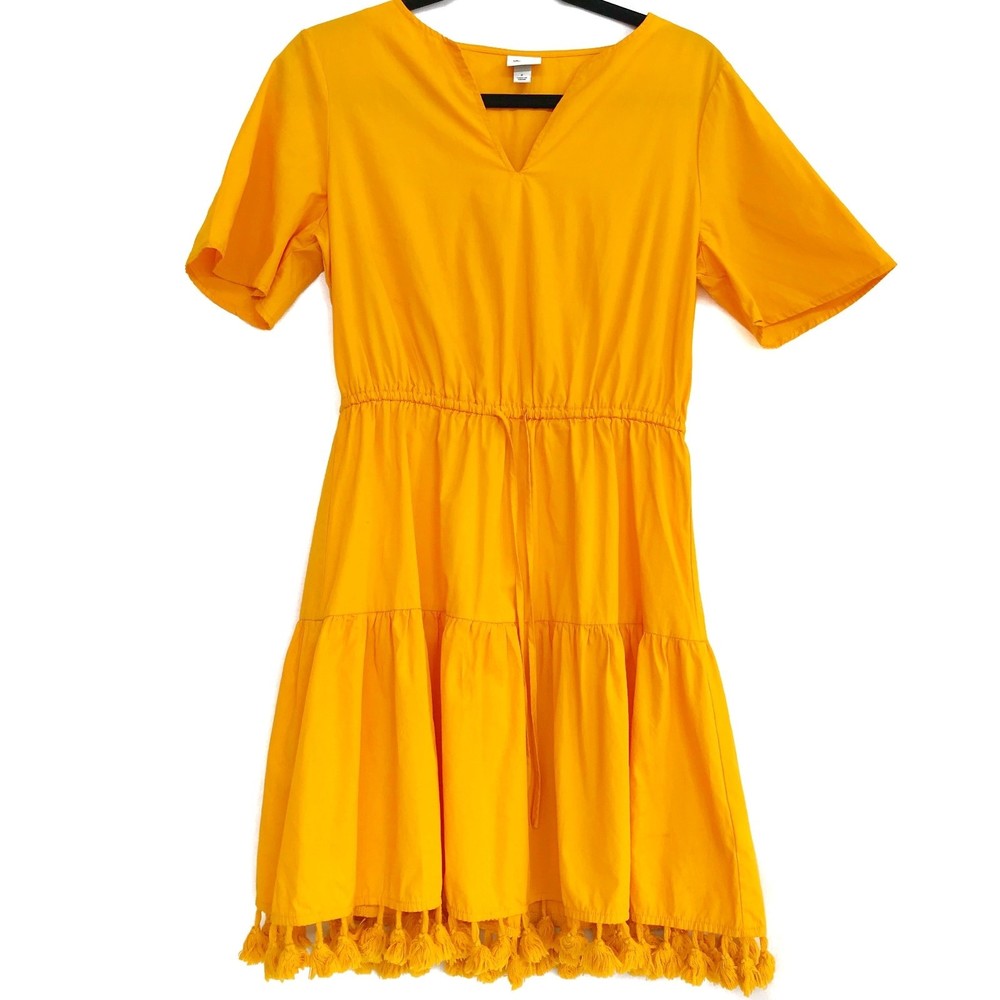 A New Day Small Cotton Sunflower Yellow Pom Pom Short Sleeve V-neck Tiered Dress